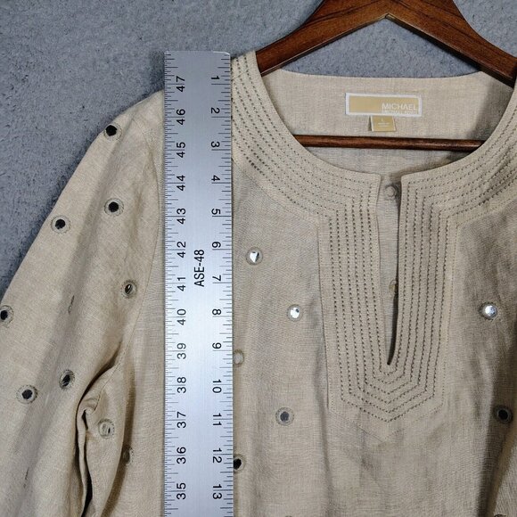 Michael Kors Top Women's Large Tan 100% Linen Sequence Mirror Work Tunic Coastal - Picture 6 of 12
